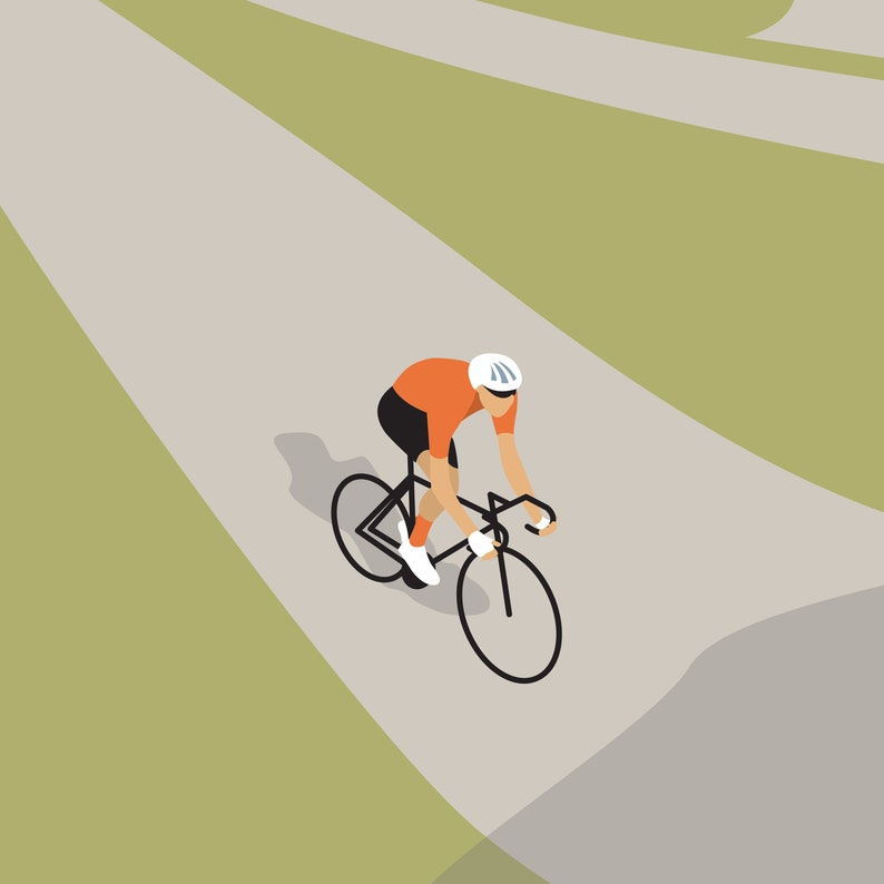 Close-up detail of part of the Sa Calobra cycling art print showing the cyclist wearing orange and black and riding a black bike.