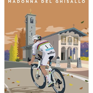 May include: A cyclist in a white and rainbow jersey rides a white bicycle with black wheels on a winding road. The cyclist is wearing a white helmet and is in the middle of a race. The road is lined with trees and a church in the background. The text "IL LOMBARDIA MADONNA DEL GHISALLO" is at the top of the image. The text "TADEJ POGACAR" is at the bottom of the image.