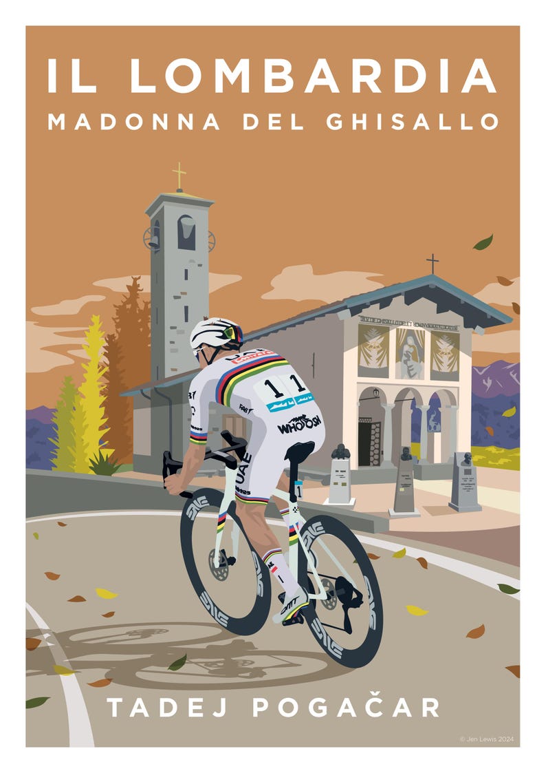 May include: A cyclist in a white and rainbow jersey rides a white bicycle with black wheels on a winding road. The cyclist is wearing a white helmet and is in the middle of a race. The road is lined with trees and a church in the background. The text "IL LOMBARDIA MADONNA DEL GHISALLO" is at the top of the image. The text "TADEJ POGACAR" is at the bottom of the image.