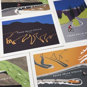 Selection of JensCyclingArt Stelvio Pass cycling themed art prints available on my Etsy store.