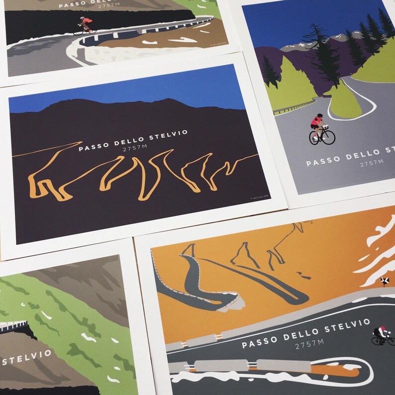 Selection of JensCyclingArt Stelvio Pass cycling themed art prints available on my Etsy store.