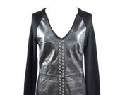 Vintage 90s Patchwork Leather Dress Goth Punk Black Lace Up Rib Knit Long Sleeve Sweater Dress Medium v-neck