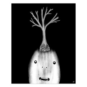 May include: A black and white illustration of a face with a bare tree growing out of the top of its head.
