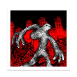 May include: A digital illustration of a gray, humanoid figure with large hands and two eyes walking through a red and black background.