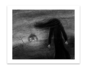 May include: A black and white illustration of a person walking away from a house with a single light on in the window. The person is wearing a long coat and their hair is blowing in the wind. The background is a dark, stormy sky.