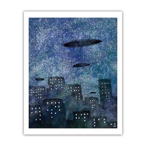 Starry UFO Night Science Fiction Art Print Poster