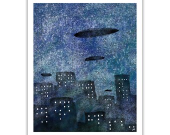 Starry Night UFO Science Fiction 8.5 x 11 Giclee Print