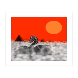 Silver Dragon Sunset Fantasy Art Print Poster