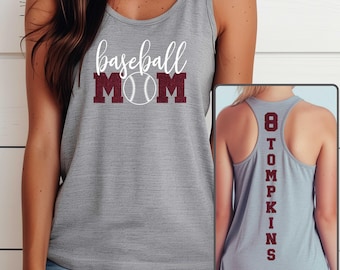 Custom Glitter Baseball Mom Tank Top, Personalized Baseball Kid's Name Number, Baseball Mom Racerback Tank Top Shirt