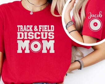 Glitter Track and Field Discus Mom T-Shirt, Discus Mom Name on Sleeve Shirt, Thrower T-Shirt
