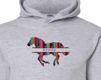 YOUTH Personalized Serape Horse Hoodie, Personalized Horse Hoodie, Personalized Horse Hooded Sweatshirt