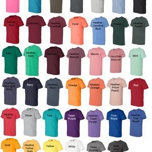 May include: A chart of 48 different colored t-shirts, each with a different color name printed on the front. The t-shirts are arranged in a grid of six columns and eight rows.
