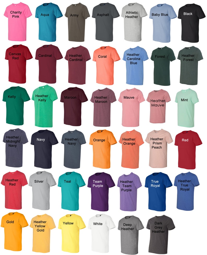 May include: A chart of 48 different colored t-shirts, each with a different color name printed on the front. The t-shirts are arranged in a grid of six columns and eight rows.