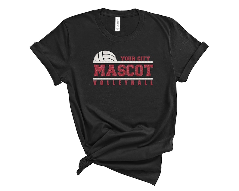May include: Black t-shirt with a red and white volleyball graphic. The text "YOUR CITY MASCOT VOLLEYBALL" is printed on the shirt.