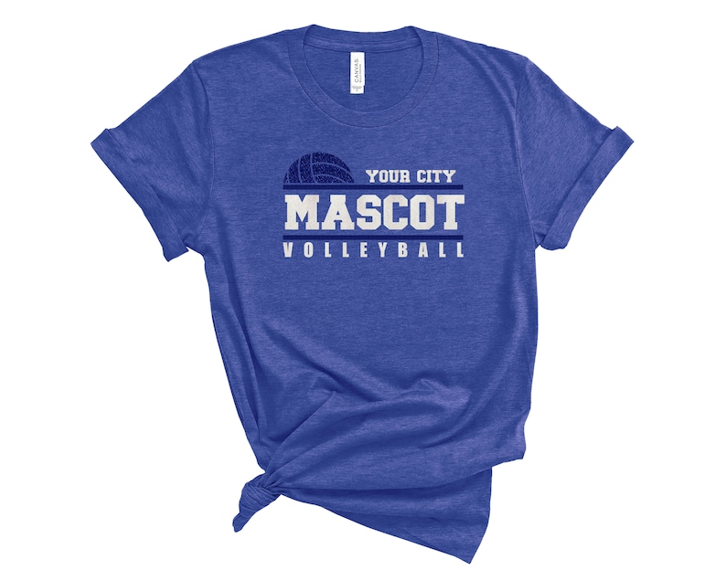 May include: A royal blue t-shirt with a white volleyball graphic and the text "YOUR CITY MASCOT VOLLEYBALL".