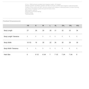 May include: Size chart for a unisex short sleeve jersey tee, Bella + Canvas 3001. The chart shows measurements in inches for XS, S, M, L, XL, 2XL, 3XL, and 4XL sizes. Measurements include body length, body length tolerance, body width, body width tolerance, and neck size.