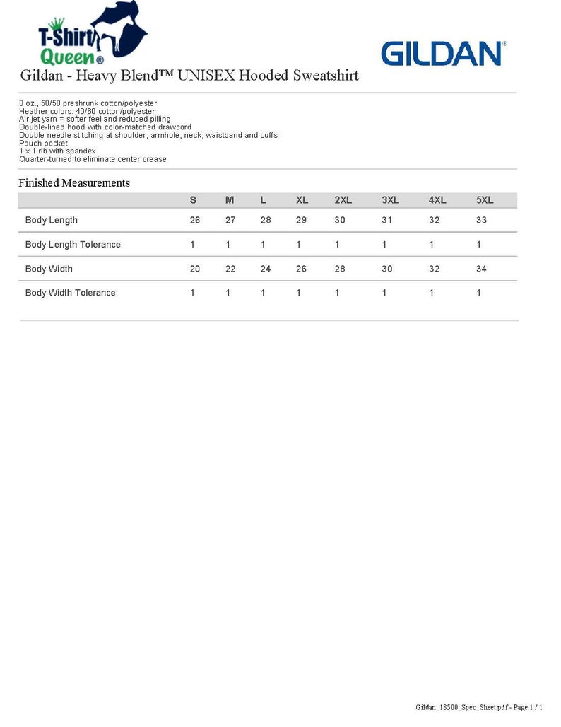 May include: A size chart for a unisex hooded sweatshirt made of a blend of cotton and polyester. The chart shows the measurements in inches for body length, body width, and tolerance for each size from small to 5XL.
