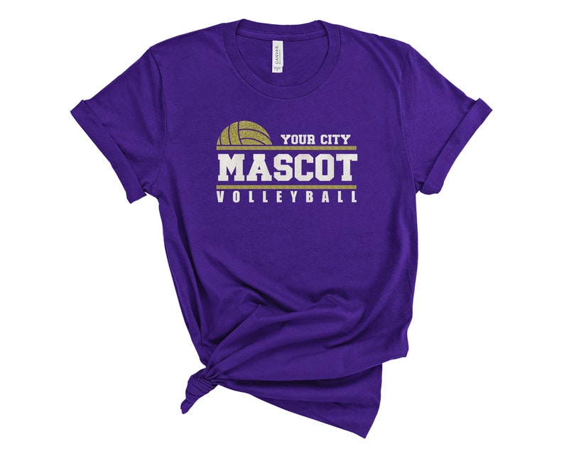 May include: Purple t-shirt with a gold volleyball graphic and the text "YOUR CITY MASCOT VOLLEYBALL"