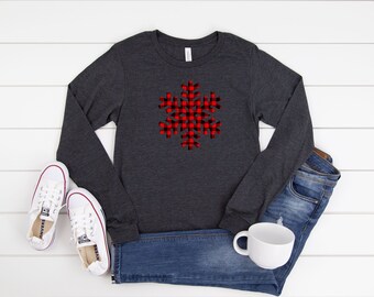 Buffalo Plaid Snowflake Long Sleeve Shirt, Buffalo Plaid Snowflake Shirt, Long Sleeve Christmas Snowflake T-Shirt