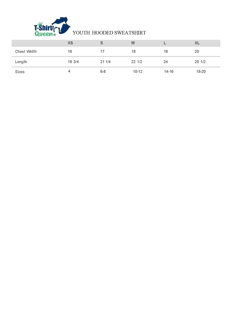 May include: Size chart for youth hooded sweatshirts. The chart shows chest width and length measurements in inches for sizes XS, S, M, L, and XL. The corresponding age ranges are also listed.