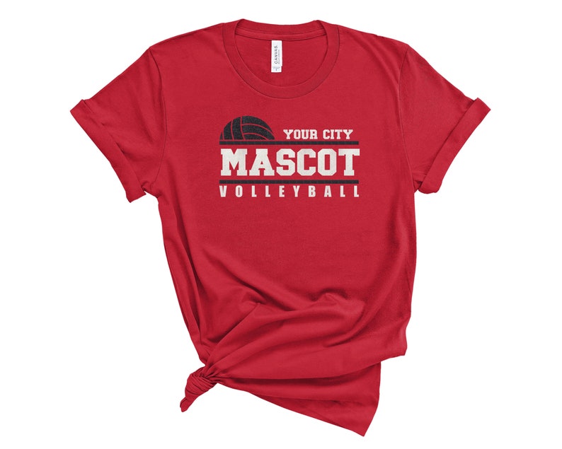 May include: Red t-shirt with a black volleyball graphic and the text "YOUR CITY MASCOT VOLLEYBALL".