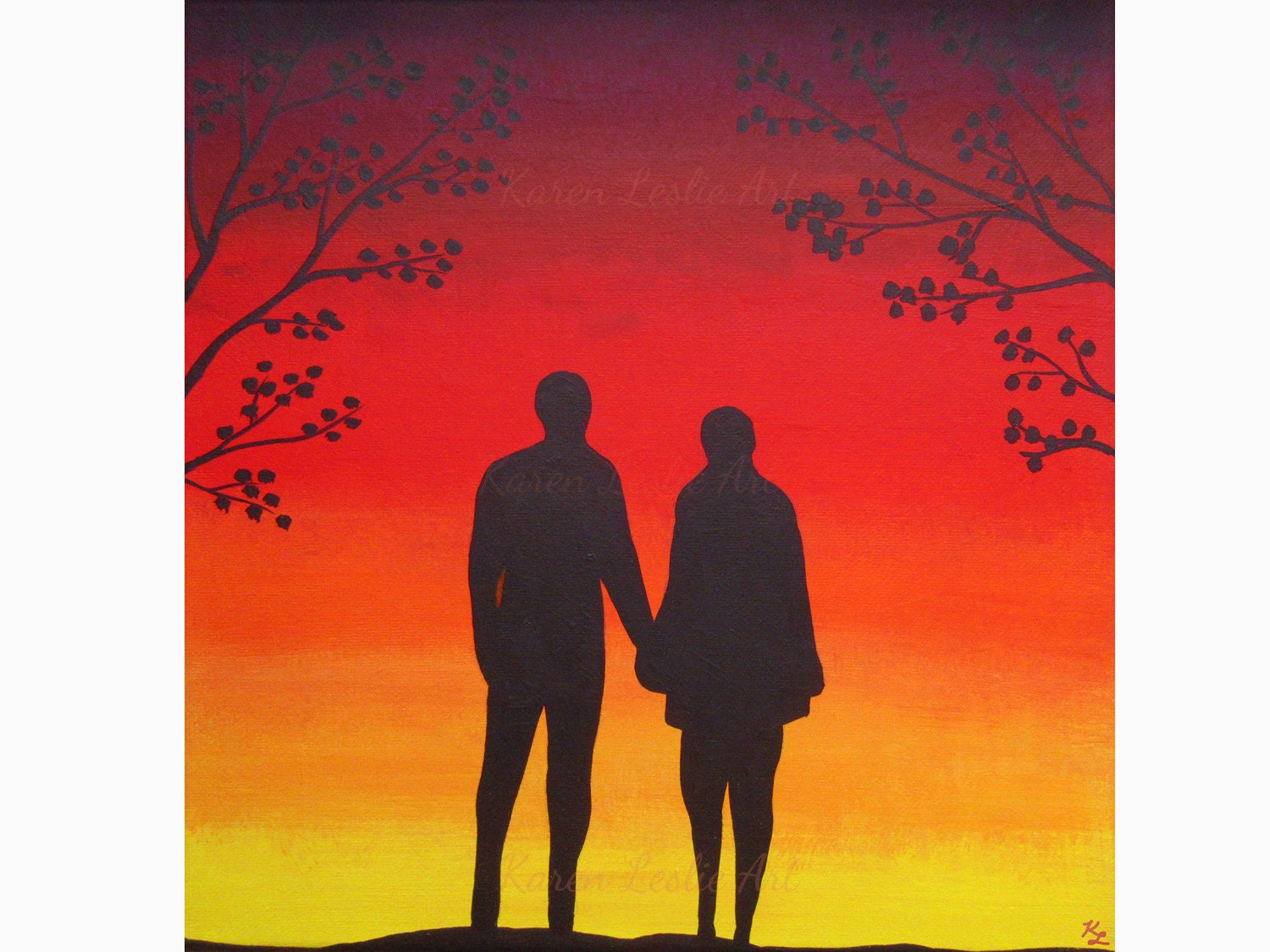 Original 10 X 10 Sunset Lovers Silhouette Painting Romantic Loving Couple Sun Set Sky Holding Hands Original 10 X 10 Sunset Lovers Silhouette Painting Romantic Loving Couple Sun Set Sky Holding Hands