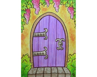 Original 5 x 7 purple door watercolor painting, cute cottage door art, lavender fairy door, rustic cottage artwork, hand painted fairy home