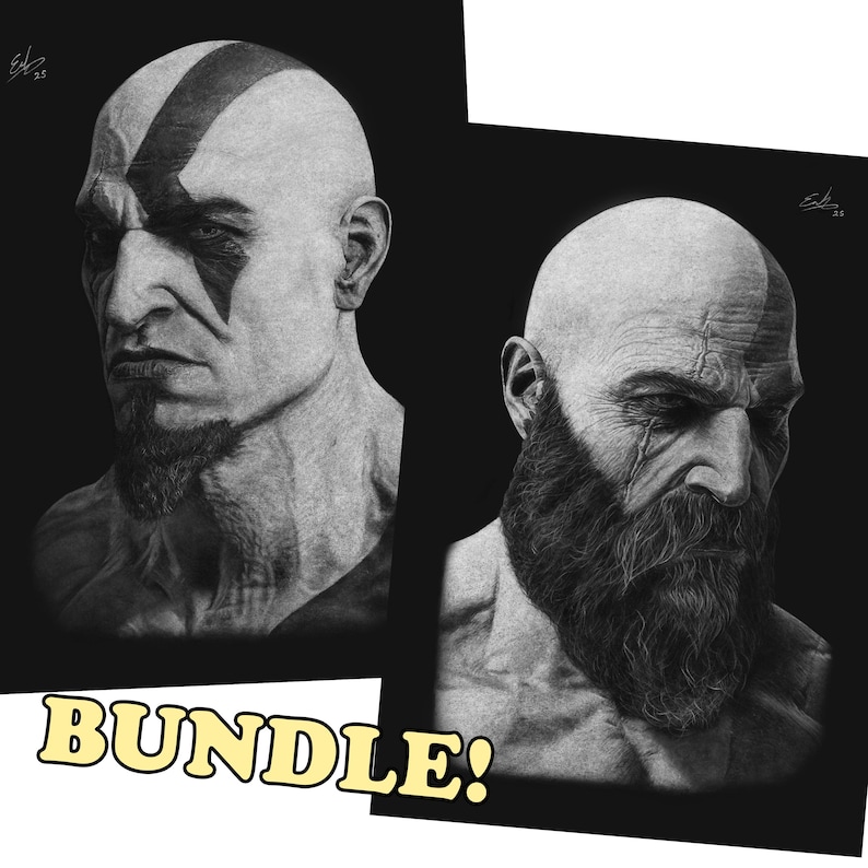 Young & Old Kratos BUNDLE || God of War White Charcoal Drawings (A3 ...