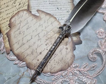 Feather Quill & Nib Set, Vintage Style Dip Pen Kit, Grey Freathered Quill Set, Decorative Vintage Pen Set