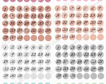 Colourful Monthly Dates Digital Set, Dot Date Sticker Set, planner Dates For Bullet Journals, Diary Dates For Planners