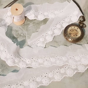 White Embroidery Anglaise Trim/ Flower Embroidered Cotton Lace Trim/ White Wide Embroidered Lace Trim