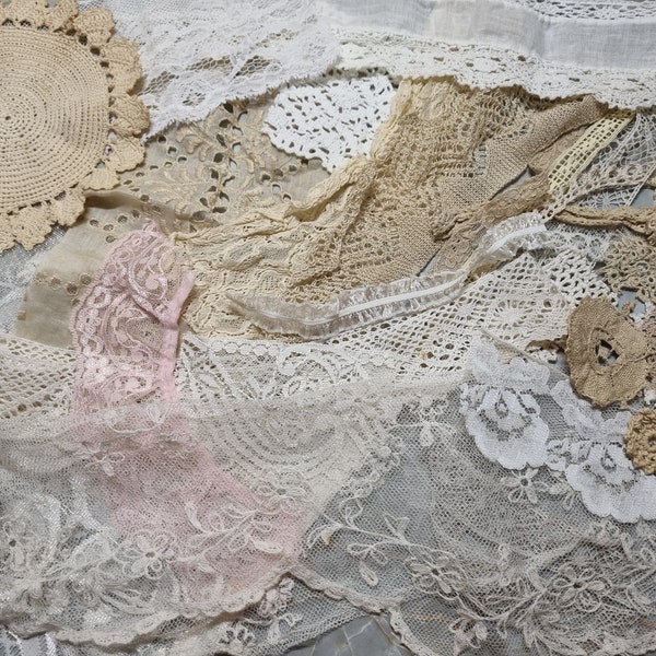 Vintage & Antique Fabric Bundle, Vintage Lace Trim And Linen Bundle, Vintage And Antique Textile Collection,