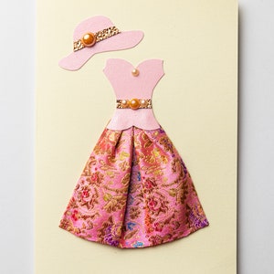 Cartes de voeux faites main, cartes d'anniversaire, cartes de femmes, cartes de robe en tissu, carte de voeux de robe, jupes en tissu, chemises en papier, chapeaux élégants