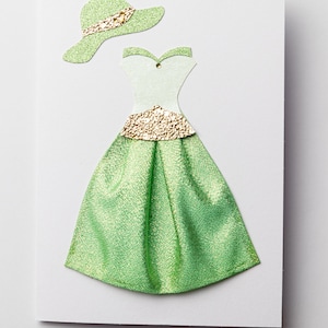 Cartes de voeux faites main, cartes d'anniversaire, cartes de femmes, cartes de visite en tissu, jupes vertes d'or, chemises et chapeaux élégants de papier glacé