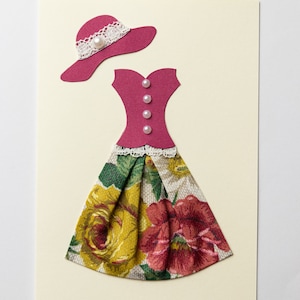 Cartes de voeux faites main, cartes d'anniversaire, cartes pour femmes, cartes habillées en tissu, jupes en tissu à fleurs, chemises en papier et chapeaux élégants