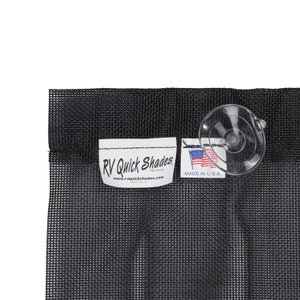 May include: Black mesh RV Quick Shades with a clear suction cup attached. The product has a white tag with the brand name and website, and another tag with the American flag and "Made in U.S.A."