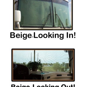 May include: Two images show the front of a beige RV. The top image shows the windshield with wipers and the text "Beige-Looking In!". The bottom image shows the interior with a plant and the text "Beige-Looking Out!"