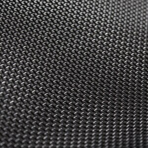 May include: Close-up of a black woven mesh fabric with a repeating pattern. The texture has a subtle sheen, with small, light-colored highlights creating a grid-like appearance. The weave is tight and uniform.