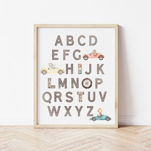 Race Car Alphabet Poster, Digital Download, Printable, Nursery Decor, Kids Room Decor, Educational Poster, Playroom Wall Art, Car Print,