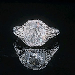 Vintage 18k White Gold Filigree Diamond Engagement Ring, 2.64ct Cushion Cut, 1930s Art Deco
