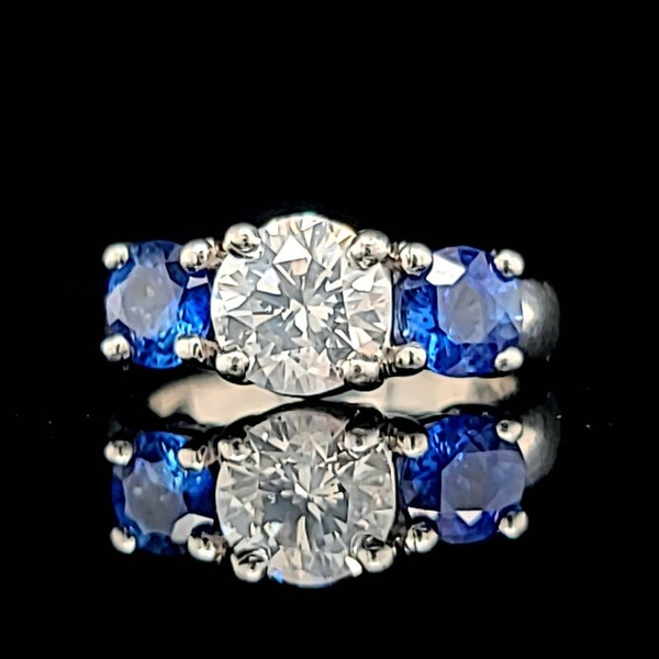 Platinum Vintage engagement three stones ring natural diamond sapphire 1.42carat circ 1940's