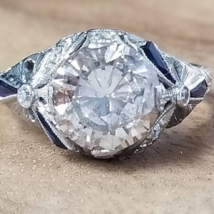 Vintage 18k white gold 2.65ct. Engagement  ring art deco filigree round cut  natural champagne Diamond  circ 1920's Antique Diamond Ring