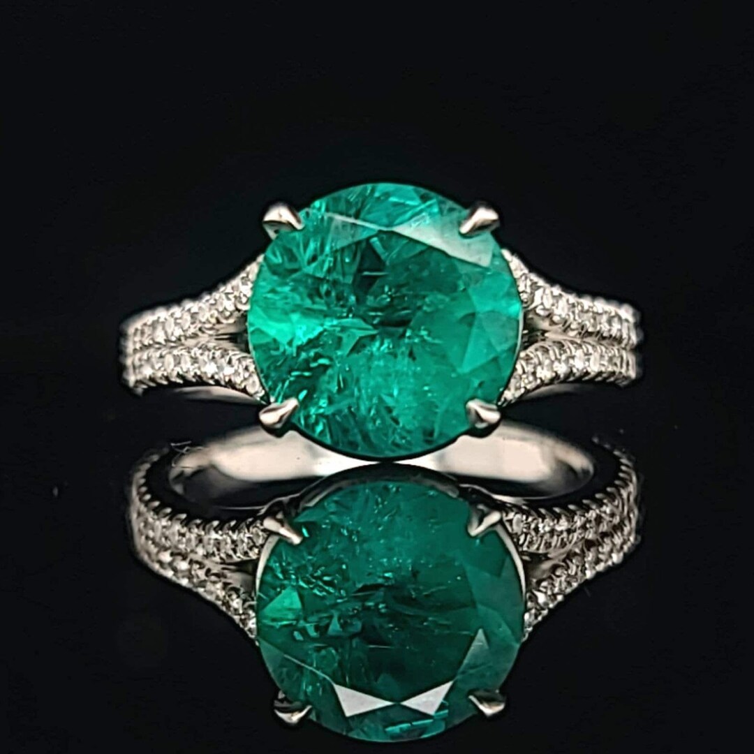 Platinum Engagement Ring 2.34ct Green Lab Grown Emerald Round Shape - Etsy