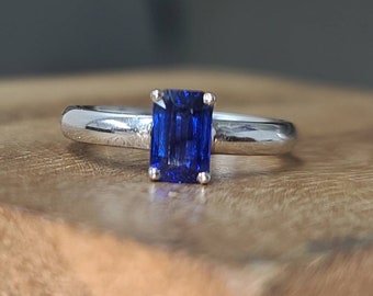 Vintage Platinum Emerald Cut Blue Sapphire Engagement Ring | GIA Certified