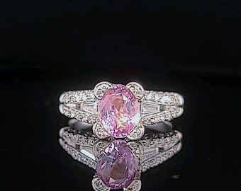 18k White Gold Engagement Ring 2.08CT.Natural Untreated Pink Sapphire Oval Cut