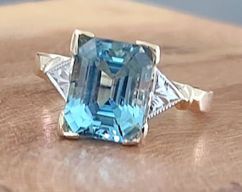 Vintage 1930s 14K Yellow Gold Aquamarine Ring 3.24ct Emerald Cut Engagement Ring