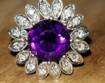 Vintage 14K white Gold Ring 5.85CT. Gem natural amethyst round cut circ 1930's