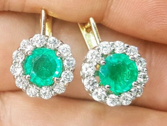 14 K White Yellow Gold Colombian Emerald Earrings 4.04 CT | Etsy