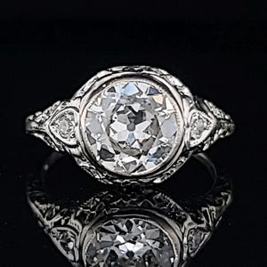 14k White Gold Art Deco Filigree Engagement Ring, 1.65ct Lab Grown Old Euro Diamond