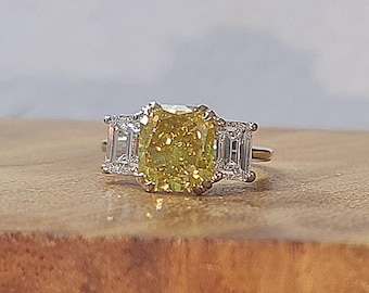 Vintage 14k white Gold Engagement Ring: 3.71ct Radiant Cut Yellow Diamond, GIA Certified